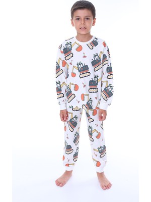 Bunny Hopp 3-7 Yaş %100 Pamuk Kumaş Kepçe ve Iş Makineleri Desenli Uzun Kollu Erkek Çocuk Pijama Takımı