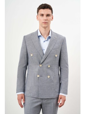 Morven Erkek Lacivert Keten Trend Kruvaze Slim Fit Sivri Yaka Takım Elbise