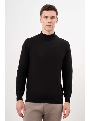 Morven  Erkek Siyah Basic Yarım Balıkçı Yaka Dynamic Fit Rahat Kesim Triko