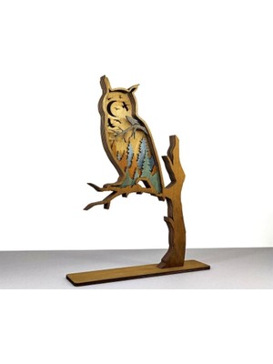 Wood-X Ahşap Mdf Çok Katmanlı Gece Temalı Dalda Baykuş Dekoratif Obje