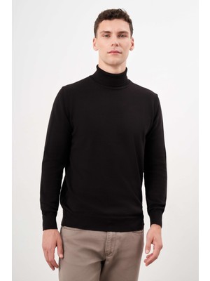 Morven  Erkek Siyah Basic Balıkçı Yaka Dynamic Fit Rahat Kesim Triko