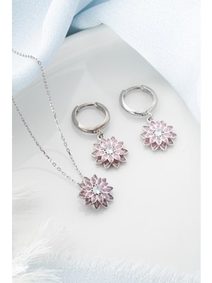 Silvano Jewelry 925 Ayar Gümüş Pembe Taşlı Kolye Küpe Set