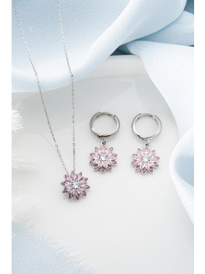 Silvano Jewelry 925 Ayar Gümüş Pembe Taşlı Kolye Küpe Set