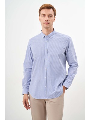 Morven  Erkek Mavi Pamuk Çizgili Panolu Düğmeli Yaka Regular Fit Gömlek