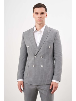 Morven Erkek Gri Poliviskon Trend Kruvaze Slim Fit Sivri Yaka Takım Elbise