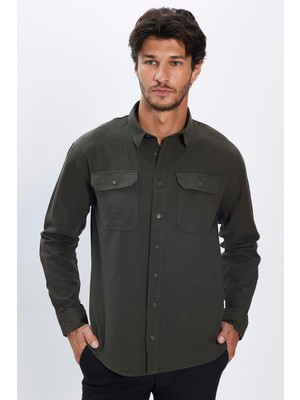 Tudors Erkek Relax Fit Rahat Kesim Oversize %100 Pamuk Keten Doku Cift Cepli Haki Gömlek 
