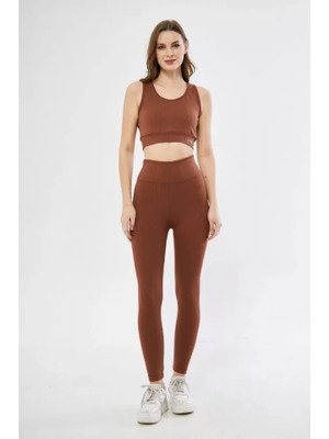 Defy Moda Crop Tayt Ikili Spor Takımı - Kahve