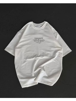 Unisex Bisiklet Yaka Baskılı Oversize T-Shirt - Beyaz
