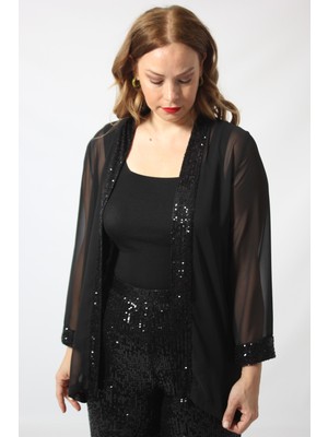 Moda Berray Kadın Payet Detaylı Şifon Blazer Ceket Siyah Modern Kesim Büyük Beden