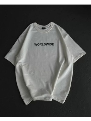 Unisex Bisiklet Yaka Baskılı Oversize T-Shirt - Beyaz