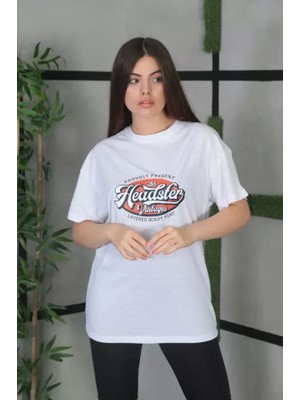 Unisex Baskılı Oversize T-Shirt - Beyaz