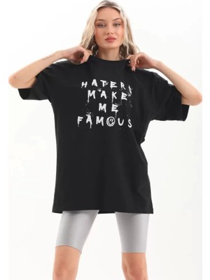 Unisex Baskılı Oversize T-Shirt - Siyah