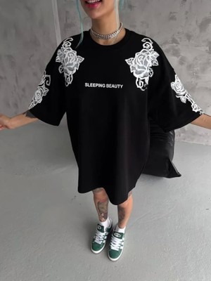 Defy Moda Unisex Flok Kabartma Baskılı T-Shirt - Siyah