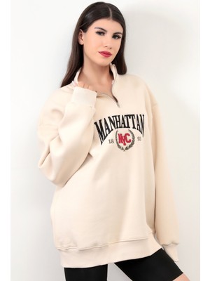 Giysa  Bej Manhattan Pamuk Karışımlı Yarım Fermuar Dik Yaka Kadın Oversize Sweatshirt - 9012