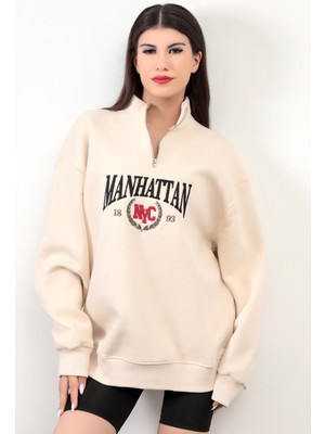 Giysa  Bej Manhattan Pamuk Karışımlı Yarım Fermuar Dik Yaka Kadın Oversize Sweatshirt - 9012