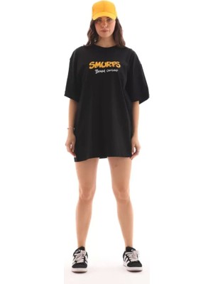 Defy Moda Unisex Bisiklet Yaka Baskılı Oversize T-Shirt - Siyah