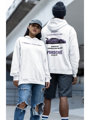 Fuddy Moda Need Money For Porsche Sırt Baskılı Kapüşonlu Sweatshirt, Oversize Araba Baskılı Hoodie