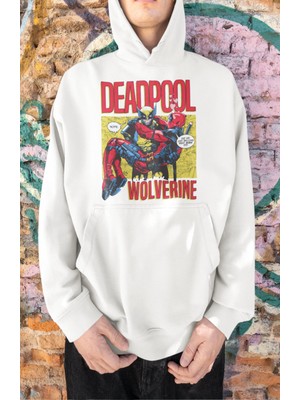 Fuddy Moda Deadpool Wolverine Baskılı Kapüşonlu Sweatshirt, Oversize Çizgi Roman Baskılı Hoodie