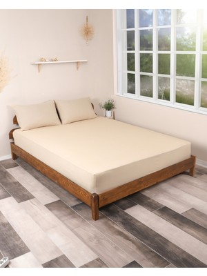 Rozet Tekstil Bej 180x200 Çift Kişilik Lastikli Çarşaf Takımı Fitted Pamuklu Dokuma Kumaş Yastık Kılıflı