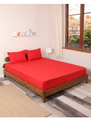 Rozet Tekstil Kırmızı 160X200 Çift Kişilik Lastikli Çarşaf Takımı Fitted Pamuklu Dokuma Kumaş Yastık Kılıflı