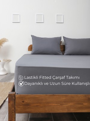 Rozet Tekstil Antrasit Lastikli Çarşaf Takımı Fitted Pamuklu Dokuma Kumaş Yastık Kılıflı