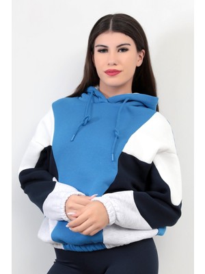 Giysa Kadın Kapüşonlu Mavi Sweatshirt 3 İp Şardonlu Pamuk Polyester Karışım Siyah-Beyaz Garnili Hoodie - 2553