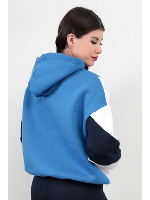 Giysa Kadın Kapüşonlu Mavi Sweatshirt 3 İp Şardonlu Pamuk Polyester Karışım Siyah-Beyaz Garnili Hoodie - 2553