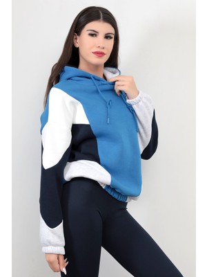 Giysa Kadın Kapüşonlu Mavi Sweatshirt 3 İp Şardonlu Pamuk Polyester Karışım Siyah-Beyaz Garnili Hoodie - 2553
