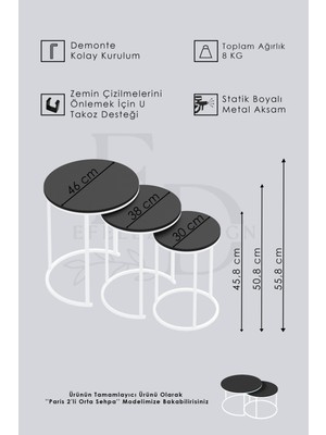 Efelez Design Paris 3'lü C Zigon Sehpa Gümüş Metal - Siyah Mermer Tabla