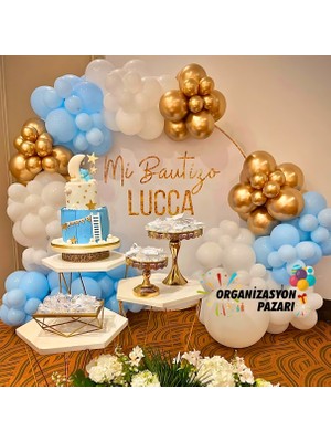 Organizasyon Pazarı Balon Seti Makaron Mavi-Beyaz-Krom Gold 60 Lı Balon Zinciri Seti