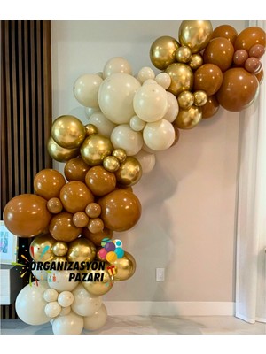 Organizasyon Pazarı Balon Seti Retrobeyaz-Krom Gold-Karamel 60 Lı Balon Zinciri Seti