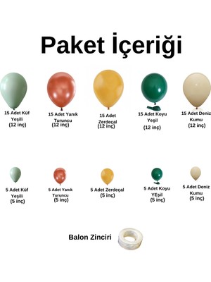 ^^ Doğum Günü Konsepti *Küf Yeşili* Burnt Turuncu*Zerdeçal*Koyu Yeşil*Deniz Kumu* 100 lü Balon Zinciri Parti Seti