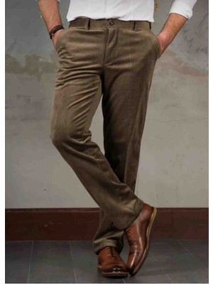 Rewoly Erkek Klasik Kesim Kadife Pantolon Kahverengi Normal Kalıp Dört Cep Detayı ile Şık