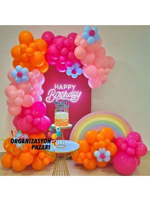 Organizasyon Pazarı Balon Seti Fuşya-Makaron Pembe-Turuncu-Makaron Mavi 60 Lı Balon Zinciri Seti