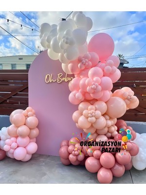 Organizasyon Pazarı Balon Seti Rosewood-Makaron Somon-Makaron Pembe-Beyaz 100 Lü Balon Zinciri Seti