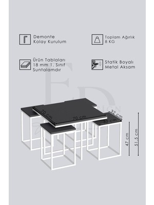 Efelez Design Lizbon 4+1 Kare Sehpa Takımı Beyaz Metal - Siyah Mermer Tabla