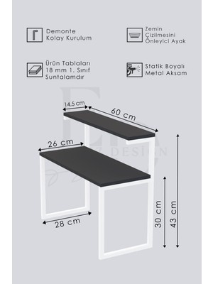 Efelez Design Akik 2 Raflı Metal Çok Amaçlı Mutfak Rafı / Tezgah Üstü Raf Siyah Metal - Beyaz Tabla