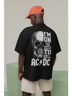 Im On The Highway To Hell Ac Dc Baskılı Unisex Oversize Rock Metal Tişört
