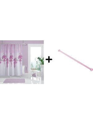 Zethome Banyo Duş Perdesi 7359 180X200 Perde Borusu Askı Aparatı Pembe 160X260 Hediyeli