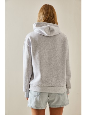 Lonca Gri Kanguru Cepli Kapüşonlu Kadın Sweatshirt