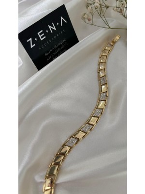 Zena Accessories Plaka Taş Detaylı Çelik Bileklik