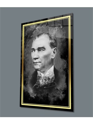 Foradels Dekoratif Gold Şerit Atatürk Portresi Siyah Beyaz Cam Tablo Uv Baskı 11003 Bungcam