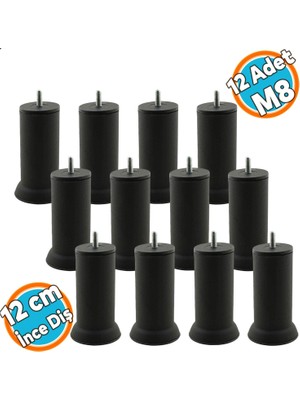 Nzb Mobilya Yükseltici Baza Metal Kanepe Koltuk Destek Ayağı M8 Civatalı Ince Diş Siyah Metal Ayak 12 cm (12 Adet)