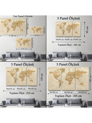 Foradels Dekoratif Kanvas Tablo Duvar Dekoru Kahverengi Ton Ingilizce Dünya Haritası 1086 Bungknv
