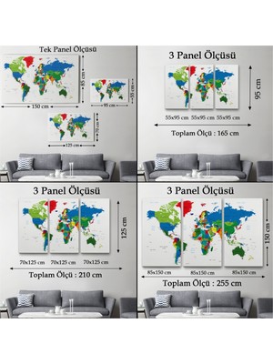 Dekoratif Kanvas Tablo, Duvar Dekoru, Renkli Dünya Haritası İngilizce 1014 BUNGKNV