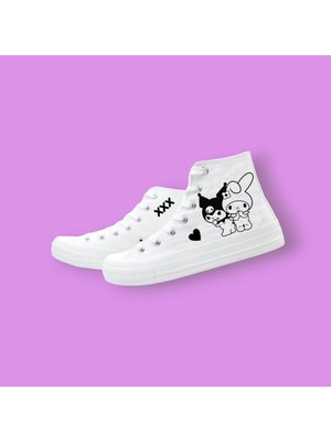 Lias Shoes Siyah Beyaz Kuro_micik Baskılı Beyaz Keten Çocuk Spor Ayakkabı Sneaker