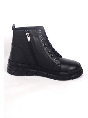 Bulldozer 240631 Deri Ortapedik Tabanlı Yarım Boğazlı Yarım Topuklu Bağcıklı Siyah Kadın Kışlık Bot Ayakkabı