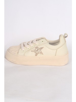 Kuum K1127100 Fashion Deri Yüksek Taban Rahat Ortepedik Bağcıklı Yandan Yıldız Işlemeli Bej Kadın Günük Ayakkabı