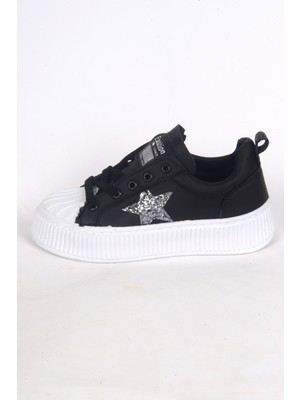Kuum K1127100 Fashion Deri Yüksek Taban Rahat Ortepedik Bağcıklı Yandan Yıldız Işlemeli Siyah Kadın Günük Ayakkabı