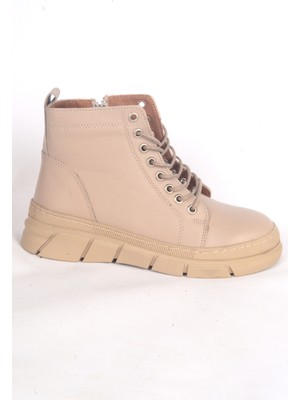 Bulldozer 240631 Deri Ortapedik Tabanlı Yarım Boğazlı Yarım Topuklu Bağcıklı Bej Kadın Kışlık Bot Ayakkabı